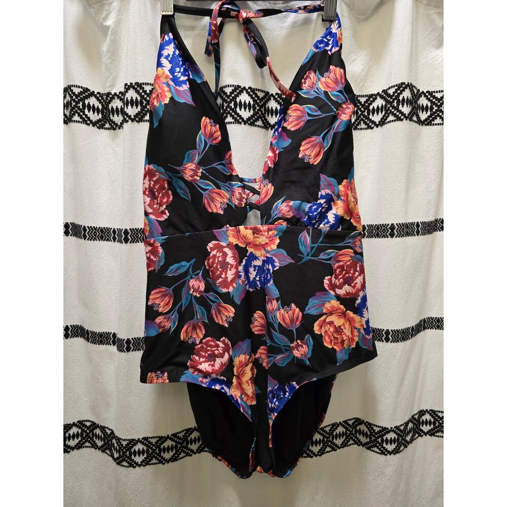 Modcloth floral one piece swimsuit deep v-neck open back XL